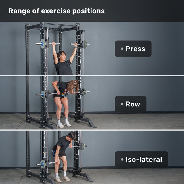 Three images show a person in a squat rack performing a press, a row, and an iso-lateral exercise using Anvil Handles by Bells of Steel, demonstrating different workout positions with a barbell in a gym setting.