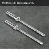 Two silver Anvil Handles by Bells of Steel are placed side by side on a gray textured surface. Text at the top reads, “Handles can be bought separately.”.
