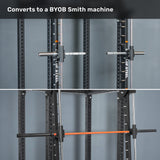 Split image showing a gym rack featuring the Bells of Steel Anvil Handles. Top: close-up of barbell holders and the Anvil Handles. Bottom: full barbell secured with an orange safety lock, demonstrating how the rack converts into a Smith machine and remains compatible with iso-lateral attachments for versatile workouts.