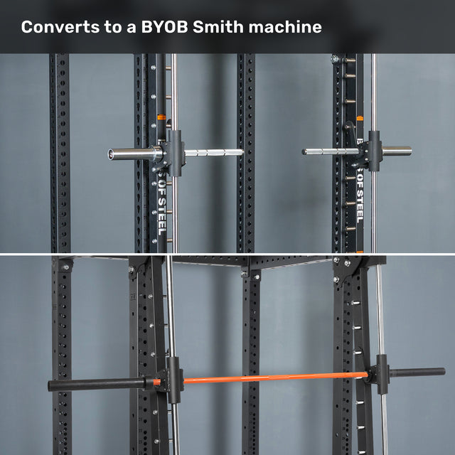 Split image showing a gym rack featuring the Bells of Steel Anvil Handles. Top: close-up of barbell holders and the Anvil Handles. Bottom: full barbell secured with an orange safety lock, demonstrating how the rack converts into a Smith machine and remains compatible with iso-lateral attachments for versatile workouts.