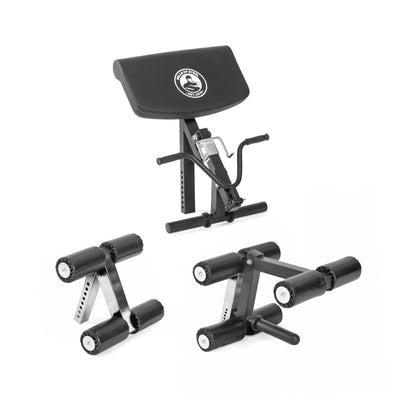 Three black and silver Bells of Steel Bench Attachments, including a preacher curl pad with logo and a leg extension curl attachment, feature padded rollers and handles, all displayed on a white background.