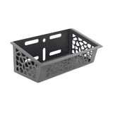 The Bells of Steel Rack Attached Storage Basket is a black rectangular organizer with geometric side cutouts and back mounting holes, ideal for storing gym equipment or fitness accessories.