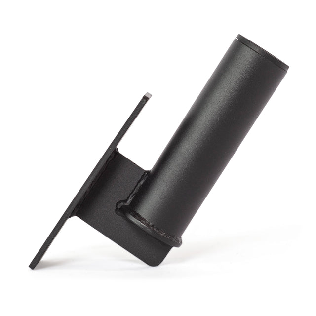 The Bells of Steel Vertical Mount Barbell Holder Rack Attachment is a black metal wall-mounted bracket with a cylindrical tube angled upward, welded to a flat rectangular base for efficient barbell storage.