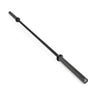 The Bells of Steel Powerlifting Bar, featuring aggressive knurling and smooth black metal sleeves, is displayed diagonally on a white background, designed for strength training.