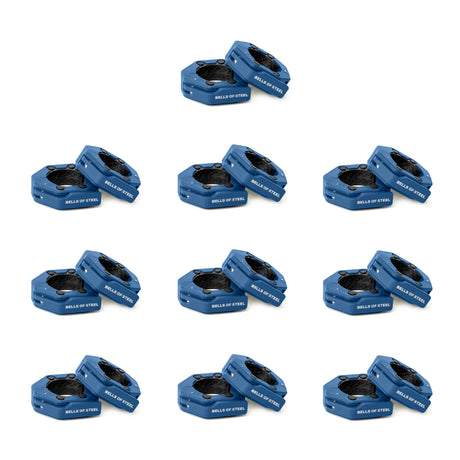 Twelve pairs of blue Magnetic Clamp Collars by Bells of Steel are arranged in a grid on a white background, each labeled "BELLS OF STEEL" in white text and ideal for securing weights to barbells.