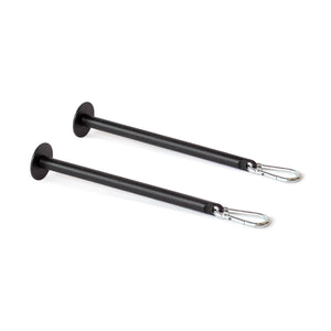 The Bells of Steel Band Pegs with Carabiners—two black metal pegs with flat circular ends and silver carabiner clips—are perfect for resistance training or use with your power rack.