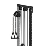 A close-up of the Bells of Steel Cable Tower, featuring a black handle, metal frame, and multiple pulleys linked to a weight stack—ideal for strength training in any gym.