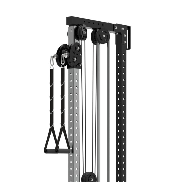 A close-up of the Bells of Steel Cable Tower, featuring a black handle, metal frame, and multiple pulleys linked to a weight stack—ideal for strength training in any gym.