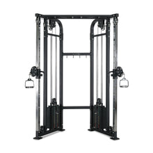The Bells of Steel Functional Trainer - Weight Stack is a black dual adjustable pulley machine with two adjustable arms and handles, ideal for versatile cable exercises and strength training routines.