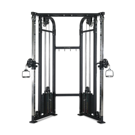 The Bells of Steel Functional Trainer - Weight Stack is a black dual adjustable pulley machine with two adjustable arms and handles, ideal for versatile cable exercises and strength training routines.