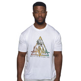 A man is donning a Bells of Steel Bamboo T-Shirt, crafted from a buttery soft bamboo blend. The shirt boasts a vibrant logo that displays the text "Hydra" and "Bells of Steel Inc." alongside a stylized serpent within a triangular figure. The white background accentuates the sustainable nature of this bamboo workout garment.