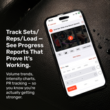 On a textured black surface, a smartphone shows the Bells of Steel Training App, featuring exercise tracking, progress reports, PR tracking, and intensity charts—perfect for home gym users from Bells of Steel.