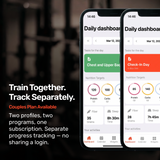 Two smartphones show the Bells of Steel Training App by Bells of Steel with nutrition and activity tracking. A couples plan lets home gym partners have separate profiles and track progress together under one subscription.