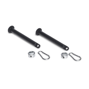 The Bells of Steel Band Pegs with Carabiners set includes two black metal pegs, two silver collars, and two carabiner clips—ideal accessories for resistance bands or enhancing your power rack setup.