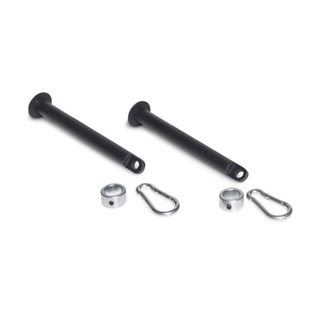The Bells of Steel Band Pegs with Carabiners set includes two black metal pegs, two silver collars, and two carabiner clips—ideal accessories for resistance bands or enhancing your power rack setup.