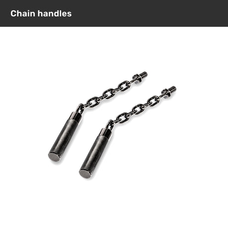 Two metal chain handles with cylindrical grips and short chains, ideal for pairing with the Bells of Steel Safety Squat Bar - The SS4. Shown on a white background—perfect accessories to upgrade your leg day routine.