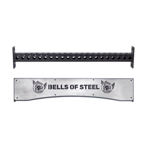 The Bells of Steel Logo Plate Crossmembers attach to a Hydra power rack and feature a separate silver plate displaying the brand logo with illustrated dog heads on each side.