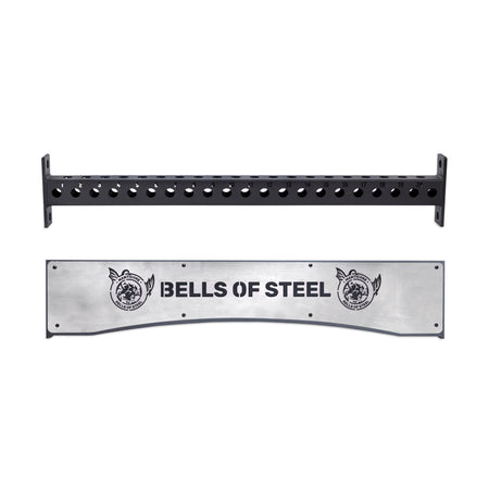 The Bells of Steel Logo Plate Crossmembers attach to a Hydra power rack and feature a separate silver plate displaying the brand logo with illustrated dog heads on each side.