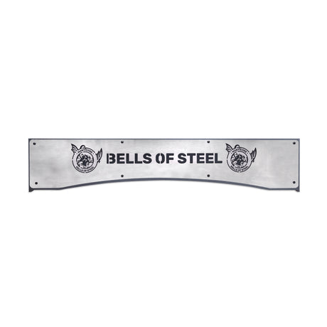 The Bells of Steel Logo Plate Crossmembers feature a curved metal plate with "BELLS OF STEEL" in bold black letters and two bull's head with wings logos; compatible with Hydra and Manticore power rack systems.