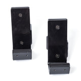 Two Standard J-Cups by Bells of Steel, in black metal with three visible screws each, stand upright on a white background, resembling sturdy power rack accessories.