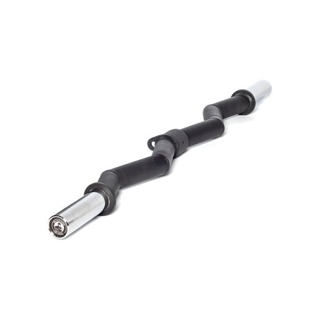 A black Fat Bar—Olympic Curl Bar Cable Attachment by Bells of Steel, featuring silver-colored ends and multiple lobes for enhanced robustness and grip strength, is placed diagonally on a white background, resembling an EZ curl bar.