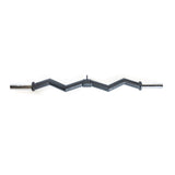 Straight-on view of a Bells of Steel Fat Bar - Olympic Curl Bar Cable Attachment featuring a zigzag shape and two chrome ends, designed to enhance grip strength during weightlifting exercises, against a plain white background.