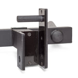 Close-up of a Bells of Steel black metal hitch receiver with a square frame and round connector, perfect for towing or attaching accessories like the Y Dip Bar Rack Attachment to vehicles.