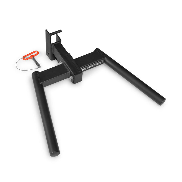 Black metal Y Dip Bar Rack Attachment for a power rack, featuring a removable pin on a tether.
