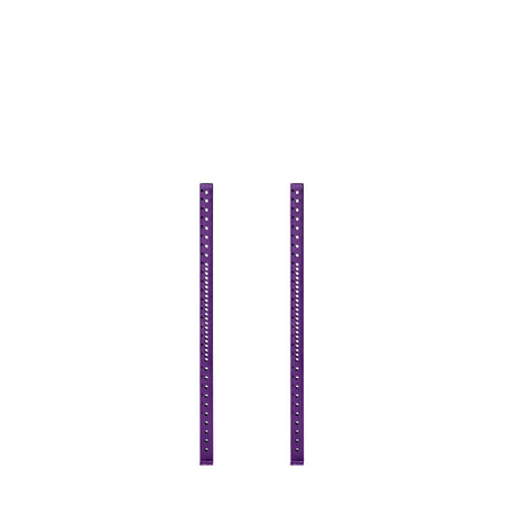 Two parallel purple vertical bars with numerous evenly spaced holes, resembling Bells of Steel's Hydra Vertical Uprights, stand against a plain white background.