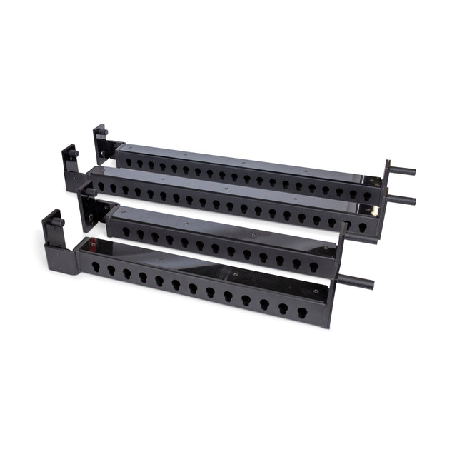 Three black adjustable Flip-Down Safeties by Bells of Steel, made of metal with multiple circular holes and side mounts, each featuring a cylindrical extension rod at one end, are laid out parallel on a white background.
