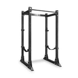 The Bells of Steel Manticore Flat Foot Power Rack Builder (3" x 3", 1" Holes) is a black metal power rack for weightlifting, featuring adjustable supports, multiple attachment points, and a pull-up bar at the top—an ideal sturdy home gym solution shown against a white background.