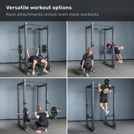 Four images display individuals utilizing the Bells of Steel Manticore Flat Foot Power Rack Builder (3" x 3", 1" Holes) for bench press, dumbbell curls, barbell squats, and pull-ups, showcasing the impressive versatility of this home gym rack in a fitness environment.