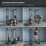 Four photos show people using the Bells of Steel Manticore Flat Foot Power Rack - Prebuilt (3" x 3", 1" Holes) for various exercises: bench press, dumbbell squats, barbell squats, and pull-ups. The text above reads, “Versatile workout options. Rack attachments unlock even more workouts,” highlighting why this power rack is an excellent addition to any home gym.