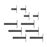 Ten Bells of Steel Bolt-On Plate Peg Sets of different lengths are displayed in two uneven rows on a white background, each peg set oriented horizontally with the mounting plate on the left, resembling power rack weight storage pegs.