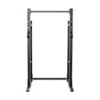 The Bells of Steel Hydra Half Rack Builder features a black 3"x3" metal frame with ⅝" holes, a pull-up bar, and a wide base—ideal for any home gym—shown isolated on a white background.