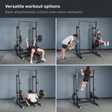 Four images showcase people using the Bells of Steel Manticore Half Rack - Prebuilt (3" x 3", 1" Holes) for bench press, barbell row, hanging leg raise, and pull-up exercises in a home gym. The caption reads: “Versatile workout options—Rack attachments unlock even more workouts.”.