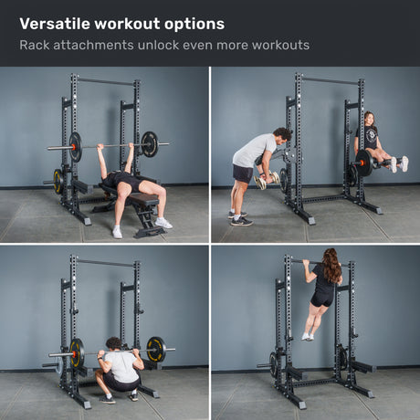 Four images showcase people using the Bells of Steel Manticore Half Rack - Prebuilt (3" x 3", 1" Holes) for bench press, barbell row, hanging leg raise, and pull-up exercises in a home gym. The caption reads: “Versatile workout options—Rack attachments unlock even more workouts.”.