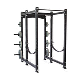 The Bells of Steel Hydra Six Post Power Rack - Prebuilt (3" x 3", ⅝" Holes) is a black metal rack with multiple adjustable holes and weight plate storage, perfect for home gym strength training and weightlifting.