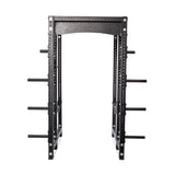 The Bells of Steel Hydra Six Post Power Rack - Prebuilt (3" x 3", ⅝" Holes) is a black metal power rack with multiple weight plate storage pegs, ideal for weightlifting and home gyms, shown against a plain white background.