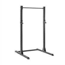 The Bells of Steel Hydra Squat Stand - Prebuilt (3" x 3", ⅝" Holes) features adjustable safety bars and a pull-up bar, making it ideal for home gyms. Its sturdy black frame is ready to support your strength training routine.