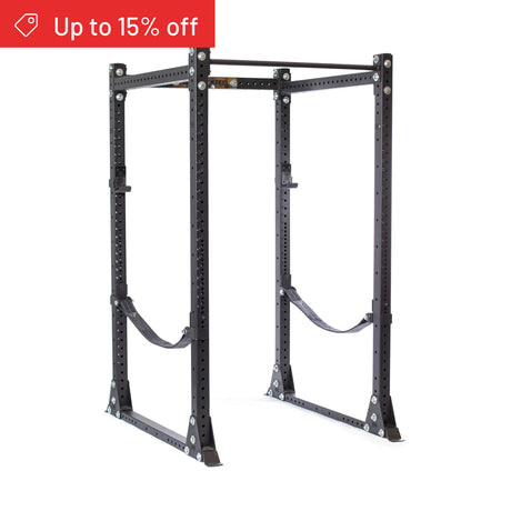 The Bells of Steel Hydra Flat Foot Power Rack Builder (3" x 3", ⅝" Holes) in black metal features adjustable straps and a pull-up bar, shown on a white background. A red banner in the top left says "Up to 15% off." Perfect for your home gym.