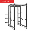 The Bells of Steel Hydra Six Post Power Rack Builder (3" x 3", ⅝" holes) in black metal features weight plate storage and stands on a white background. A red banner in the top left shows "10% off" in white text.