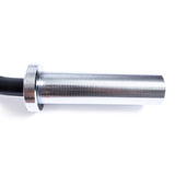 A close-up of the Bells of Steel EZ Curl Bar (45") sleeve, featuring a grooved, shiny metallic surface—ideal for biceps and triceps workouts—isolated on a white background.