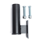 The Bells of Steel Vertical Mount Barbell Holder Rack Attachment, made of black metal with a cylindrical holder and rectangular mounting plate, is shown with two bolts, washers, and nuts—perfect for organized barbell storage on a white background.