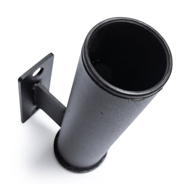 The Bells of Steel Vertical Mount Barbell Holder Rack Attachment is shown on a white background. This black metal, wall-mounted holder features an upward-angled pipe and a bracket with a mounting hole for efficient barbell storage.