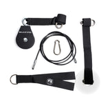 The Bells of Steel Cable Pulley set includes a black pulley, steel carabiner, cable, white loading pin, and black straps with metal rings—ideal for lat pulldowns and tricep pushdowns—displayed on a white background.