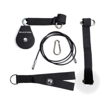 The Bells of Steel Cable Pulley set includes a black pulley, steel carabiner, cable, white loading pin, and black straps with metal rings—ideal for lat pulldowns and tricep pushdowns—displayed on a white background.