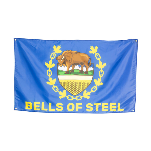 A blue Bells of Steel flag for home gyms, featuring a yellow bison above a shield and maple leaves. "BELLS OF STEEL" is boldly printed in yellow at the bottom—an ideal gym decor piece.