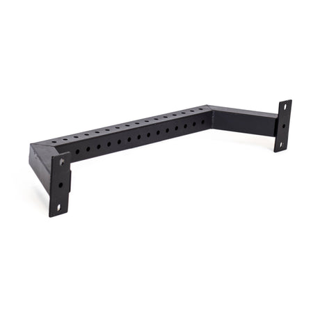The Bells of Steel Rear Base Stabilizer is a black metal bracket with multiple round holes on the center bar, flat mounting plates with screw holes at each end, designed for 3x3 power rack compatibility, shown against a white background.