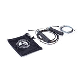 The Bells of Steel Jump Rope set, ideal for cardio, features a black rope with ergonomic gray handles, an extra silver cable, and a branded black drawstring pouch. All items are elegantly displayed on a white background.